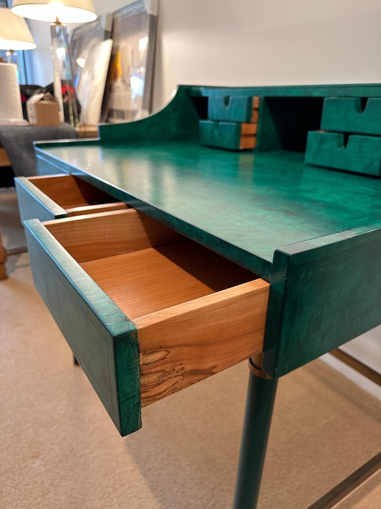 Italian Burl Wood & Brass Desk in Green Malachite Stain