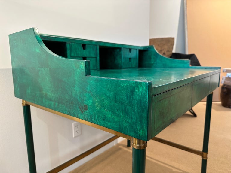 Italian Burl Wood & Brass Desk in Green Malachite Stain