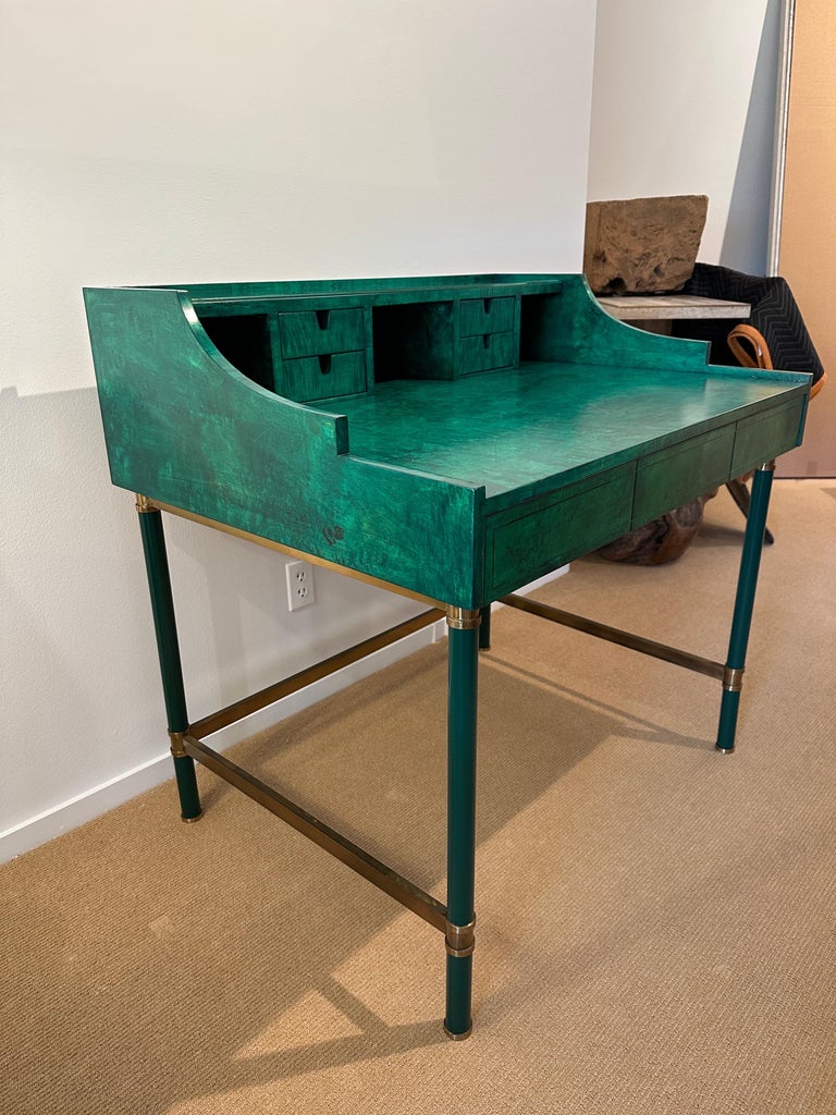 Italian Burl Wood & Brass Desk in Green Malachite Stain