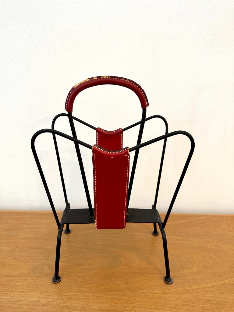 Vintage Jacques Adnet Red Stitched Leather Magazine Stand