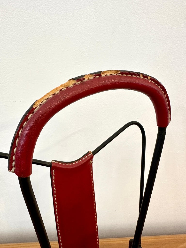 Vintage Jacques Adnet Red Stitched Leather Magazine Stand