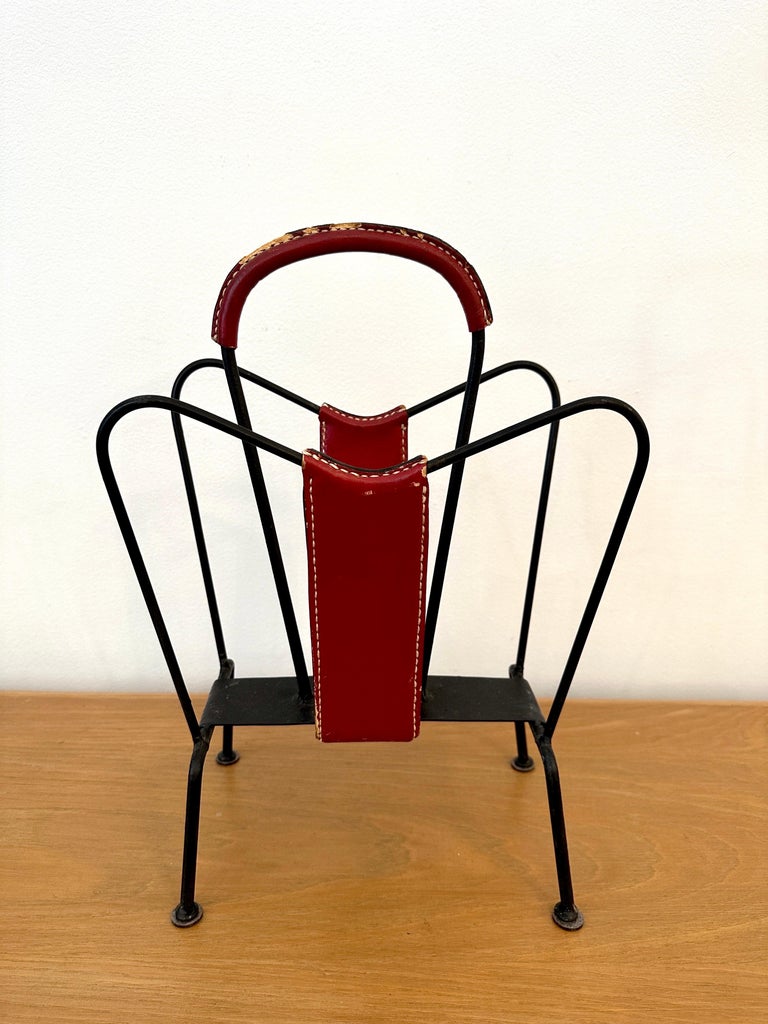 Vintage Jacques Adnet Red Stitched Leather Magazine Stand