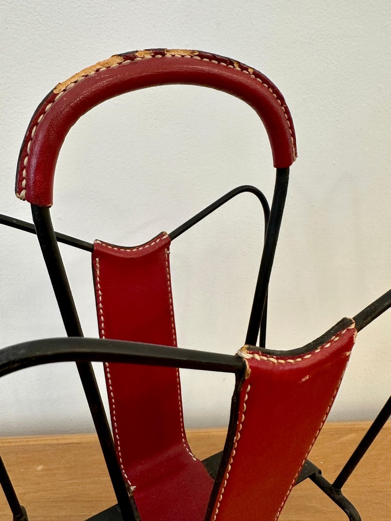 Vintage Jacques Adnet Red Stitched Leather Magazine Stand