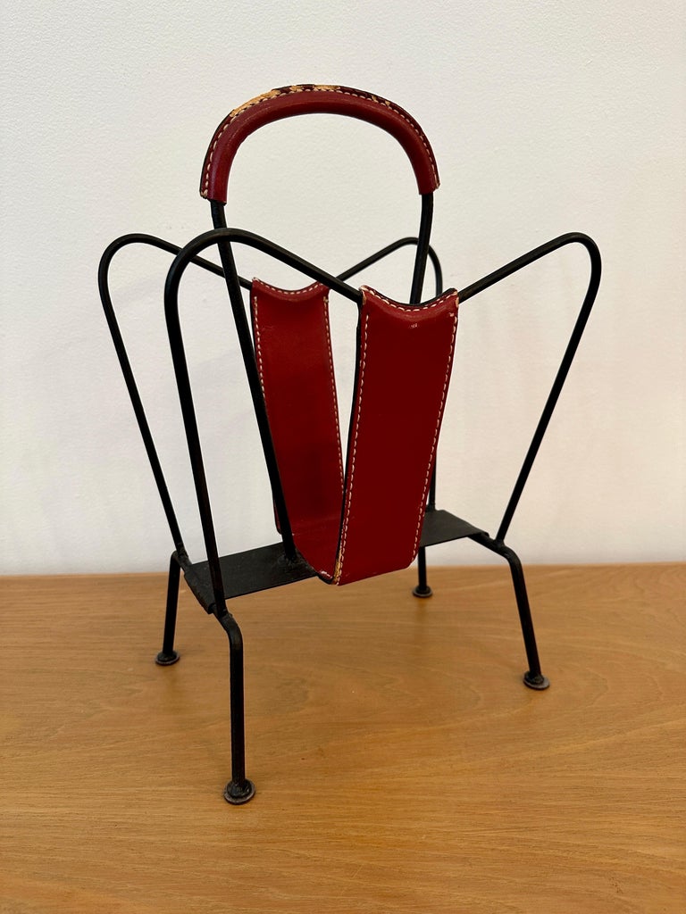 Vintage Jacques Adnet Red Stitched Leather Magazine Stand