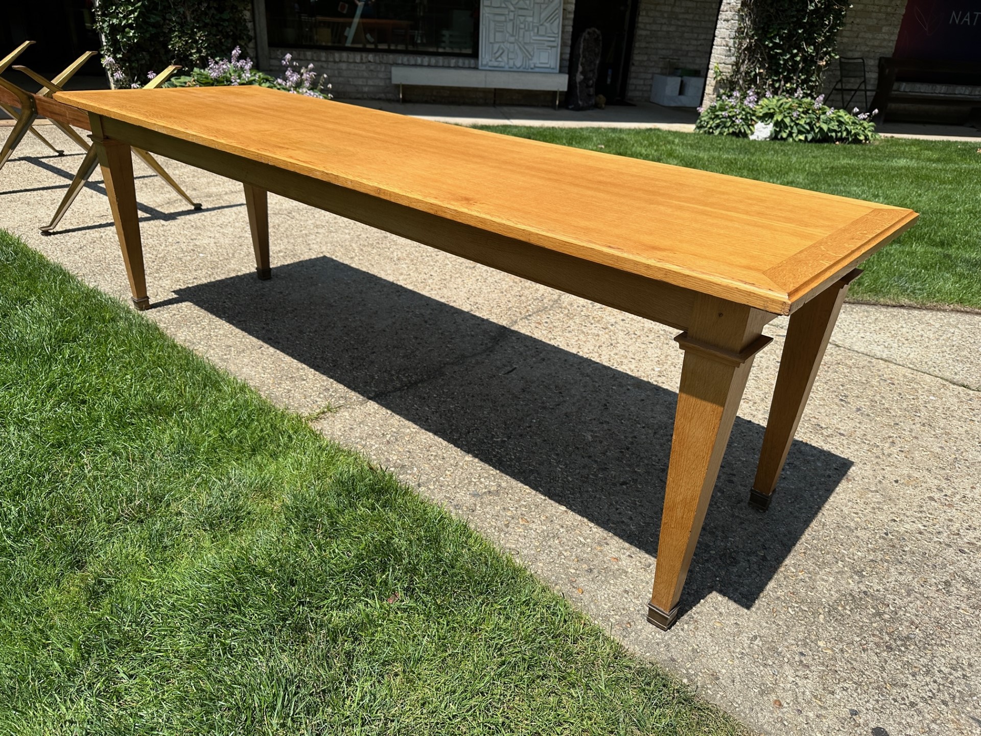 Arbus Style Long Oak Console Table w/ Brass Sabots