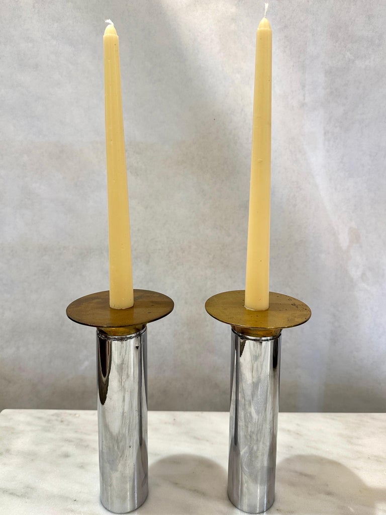 Pair of Torben Ørskov Candle Holders in Patinated Brass & Nickel