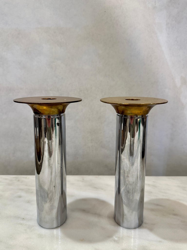 Pair of Torben Ørskov Candle Holders in Patinated Brass & Nickel