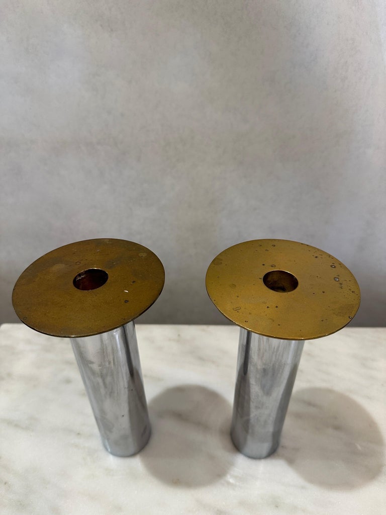 Pair of Torben Ørskov Candle Holders in Patinated Brass & Nickel
