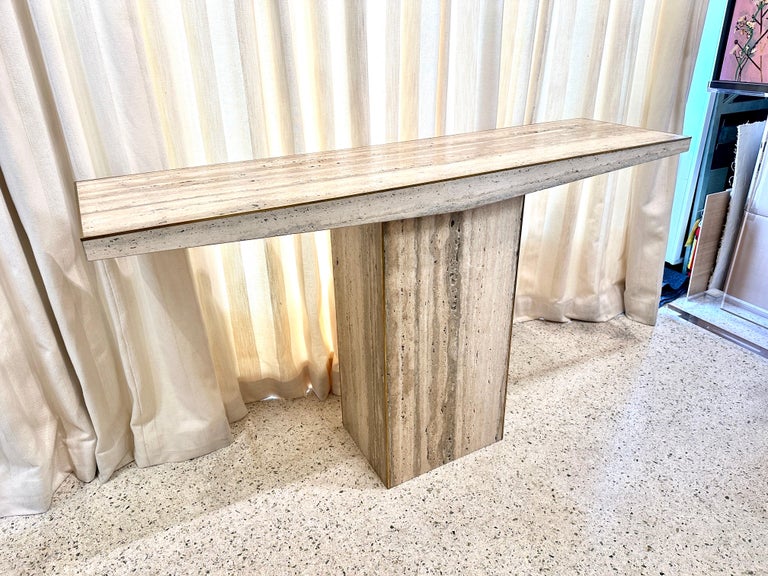 Sleek Italian Travertine and Brass Inlay Console Table, TWO AVAILABLE
