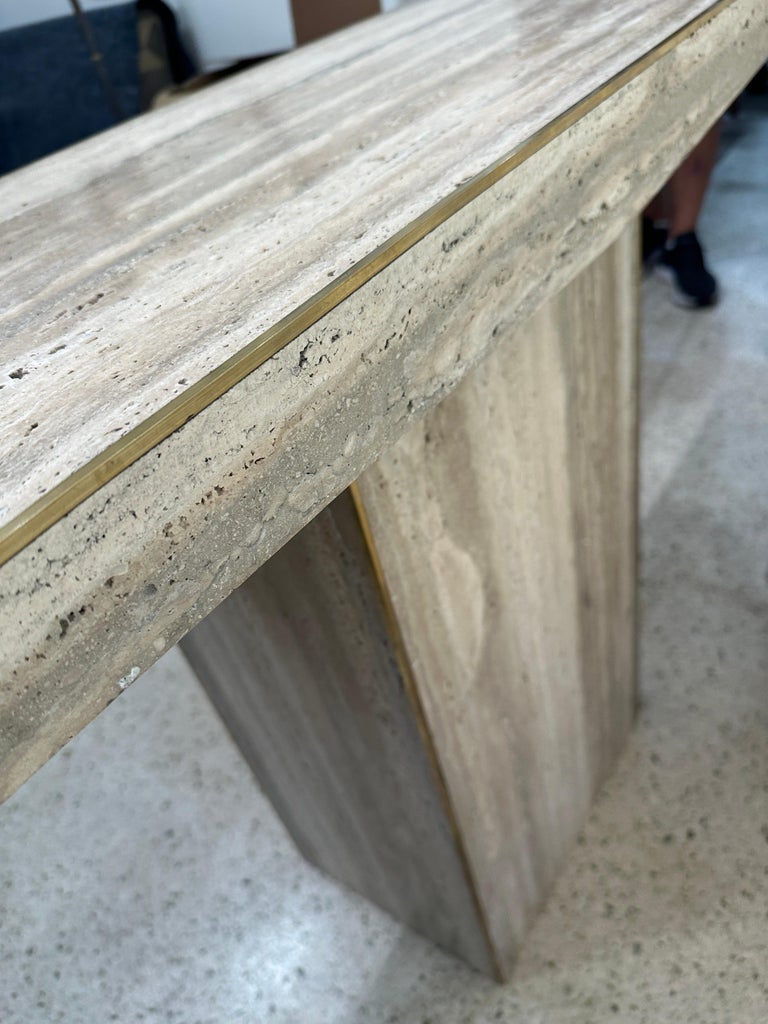 Sleek Italian Travertine and Brass Inlay Console Table, TWO AVAILABLE