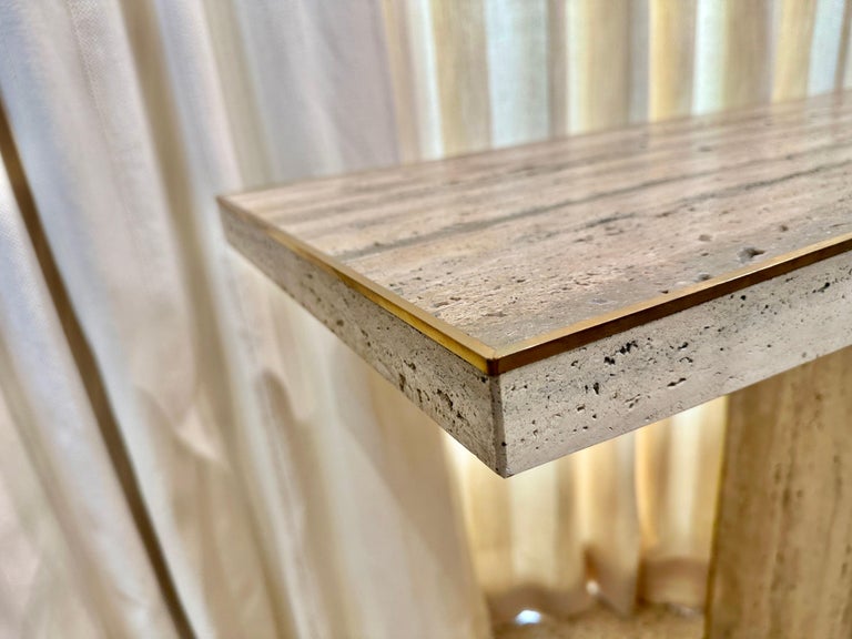 Sleek Italian Travertine and Brass Inlay Console Table, TWO AVAILABLE