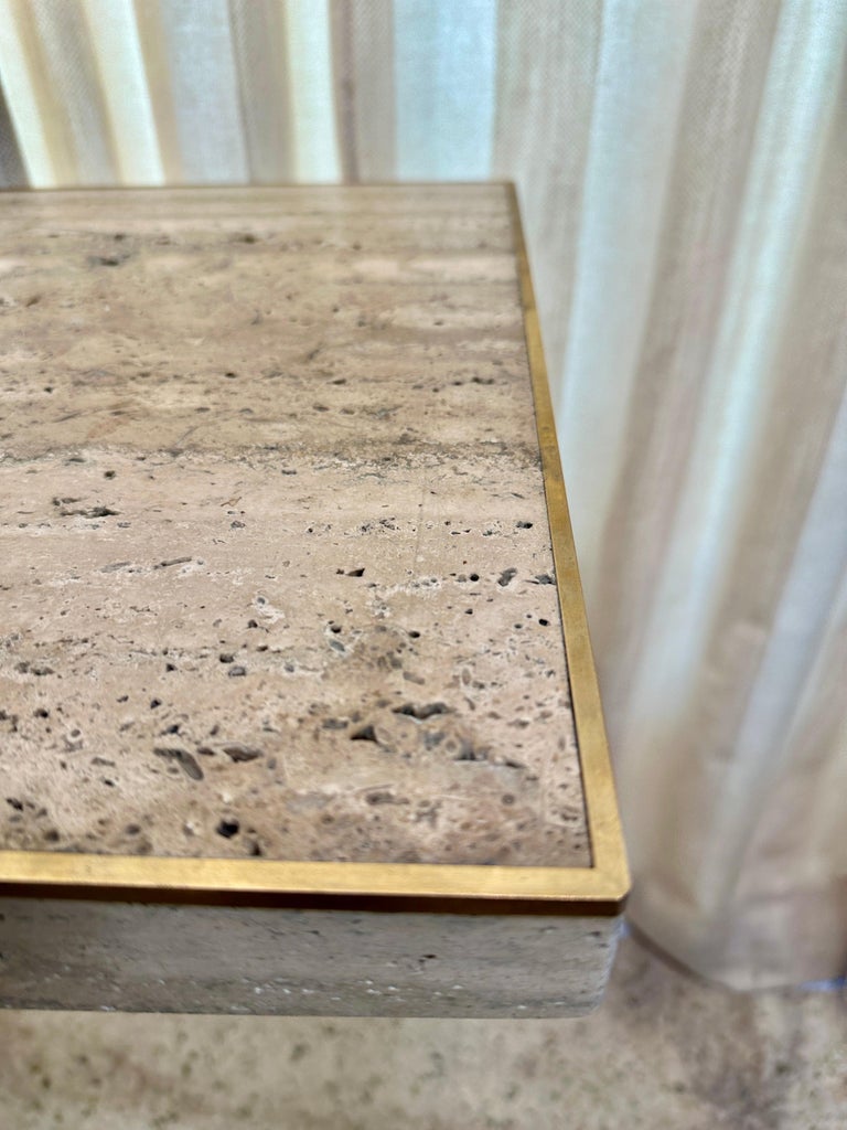 Sleek Italian Travertine and Brass Inlay Console Table, TWO AVAILABLE