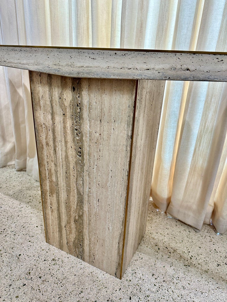 Sleek Italian Travertine and Brass Inlay Console Table, TWO AVAILABLE