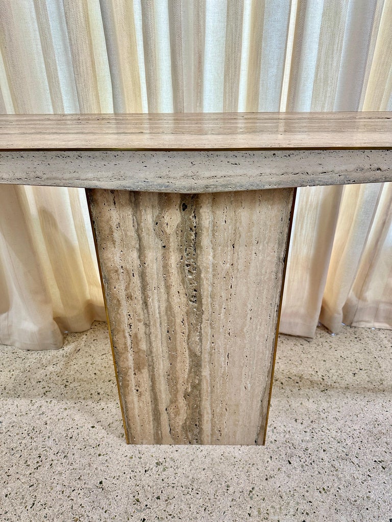 Sleek Italian Travertine and Brass Inlay Console Table, TWO AVAILABLE
