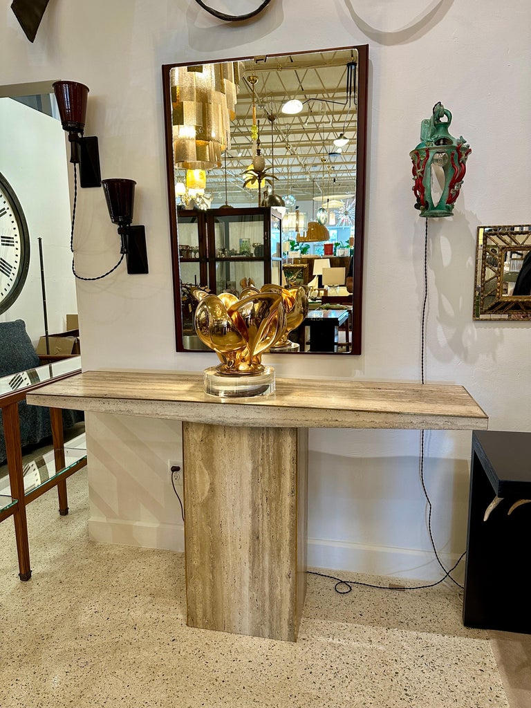 Sleek Italian Travertine and Brass Inlay Console Table, TWO AVAILABLE