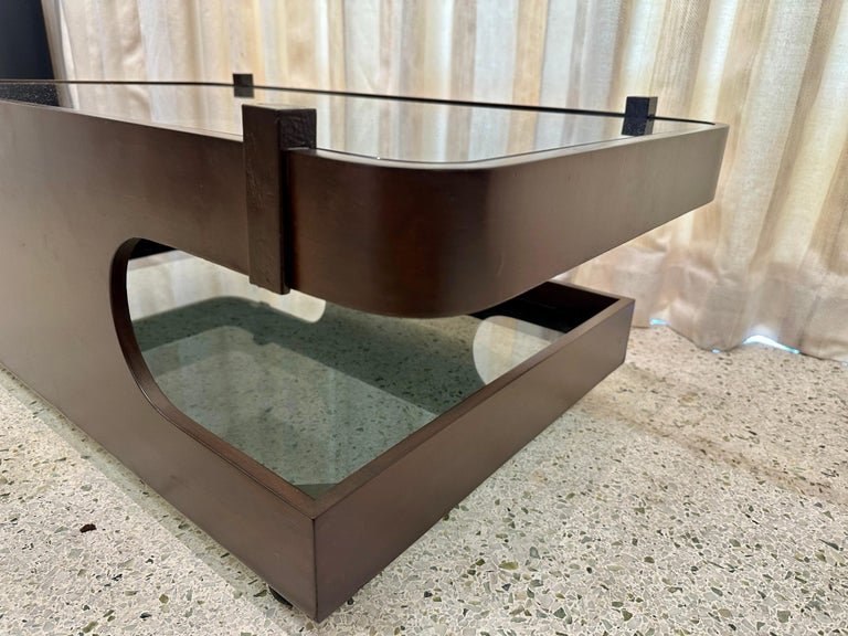 Italian Bent Wood & Glass Two-Tier Coffee Table on Casters
