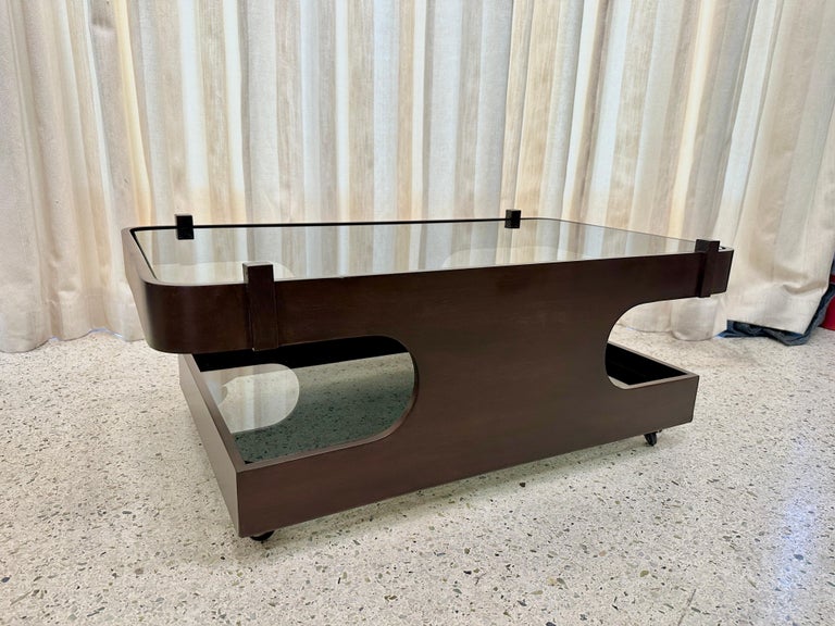 Italian Bent Wood & Glass Two-Tier Coffee Table on Casters