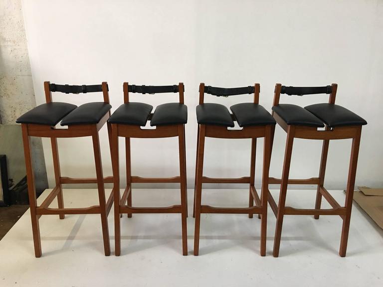 Vintage Danish Teak Bar Stools w/ Leather Belt Strap – Set