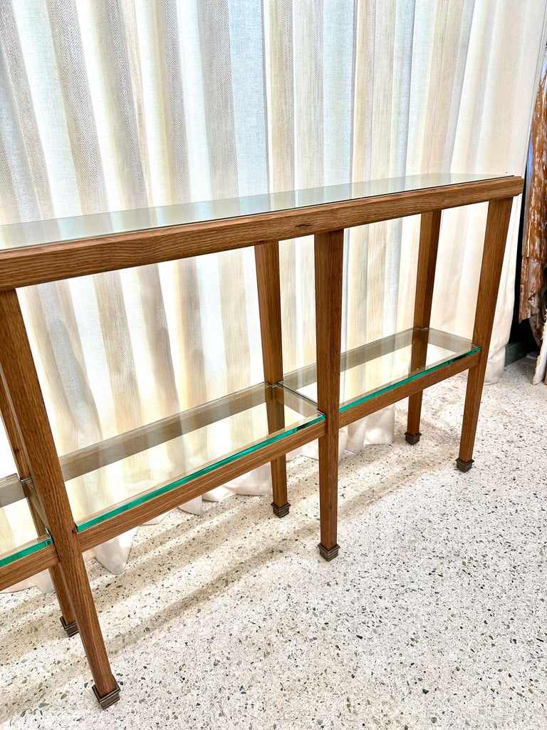 Sleek JMF Style Three-Section Oak Console w/ Brass Sabots