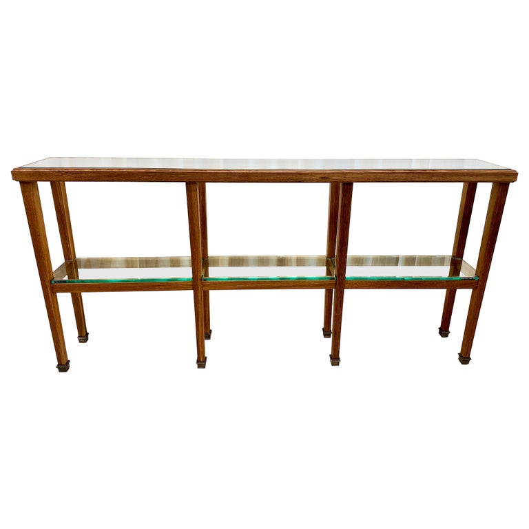 Sleek JMF Style Three-Section Oak Console w/ Brass Sabots