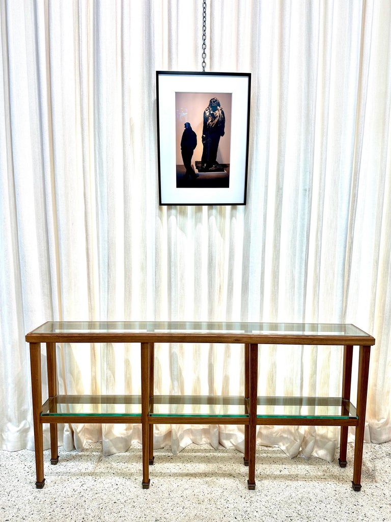 Sleek JMF Style Three-Section Oak Console w/ Brass Sabots