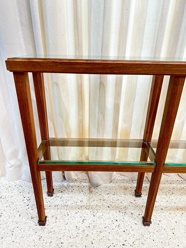 Sleek JMF Style Three-Section Oak Console w/ Brass Sabots