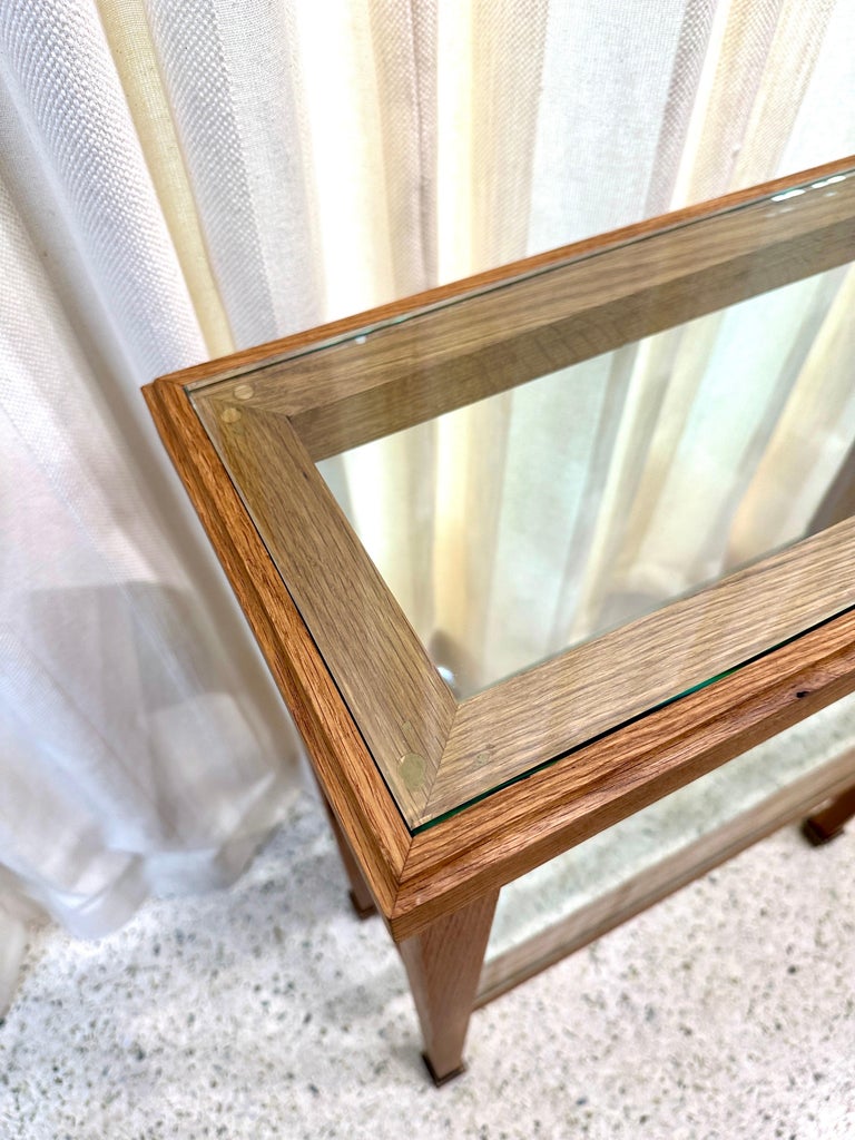 Sleek JMF Style Three-Section Oak Console w/ Brass Sabots