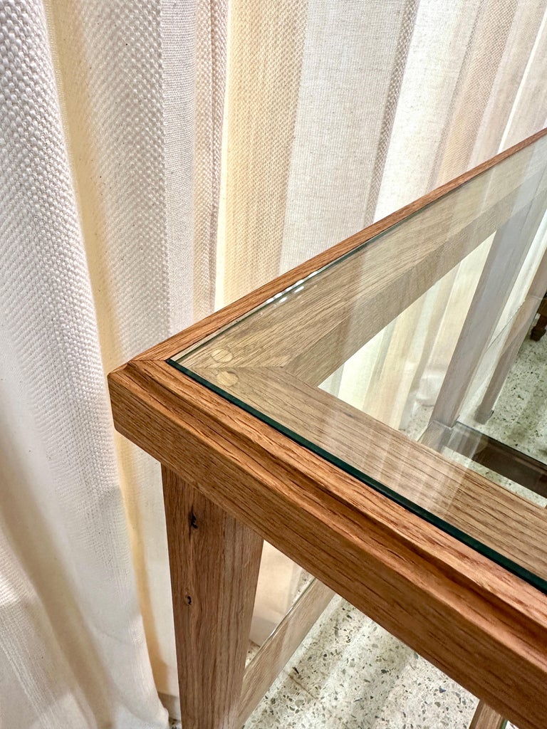 Sleek JMF Style Three-Section Oak Console w/ Brass Sabots