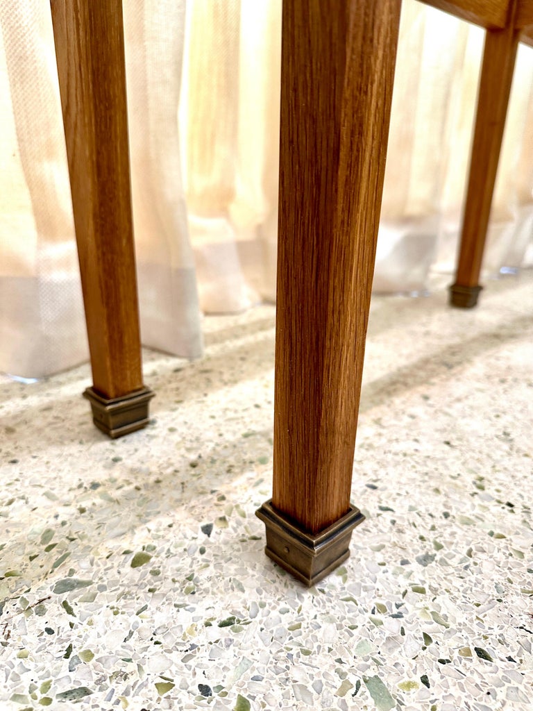 Sleek JMF Style Three-Section Oak Console w/ Brass Sabots