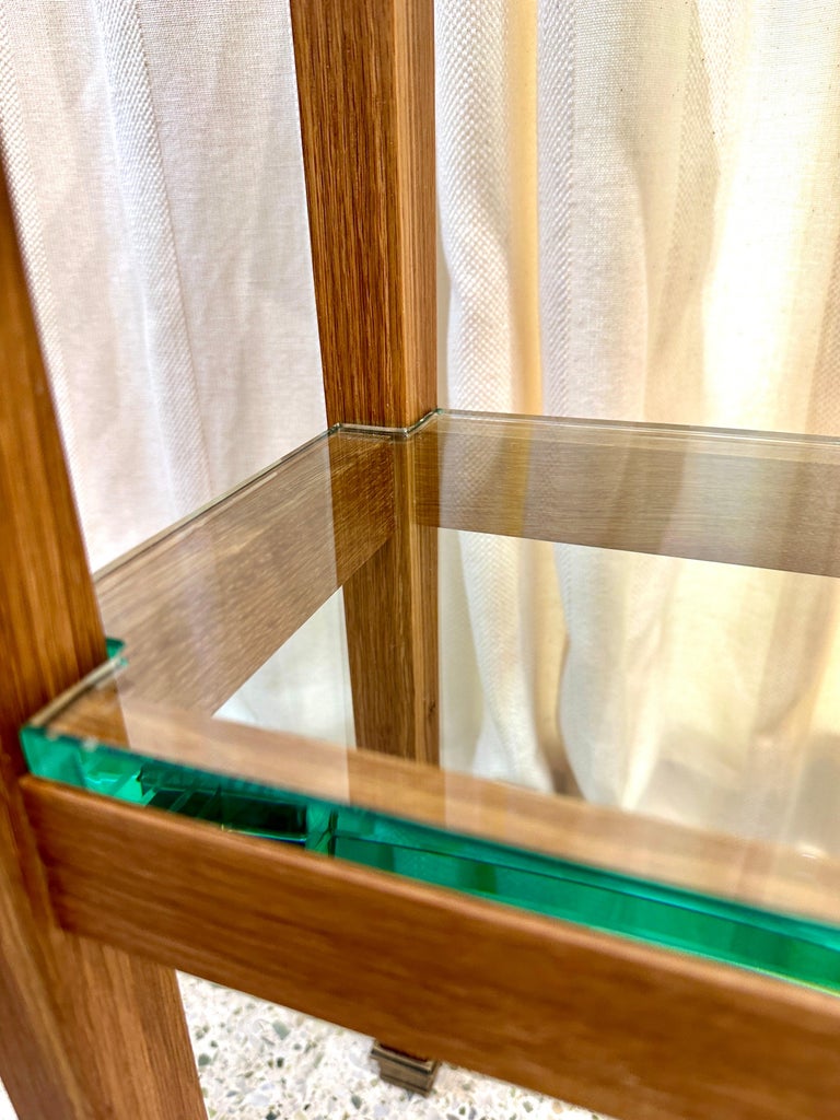 Sleek JMF Style Three-Section Oak Console w/ Brass Sabots