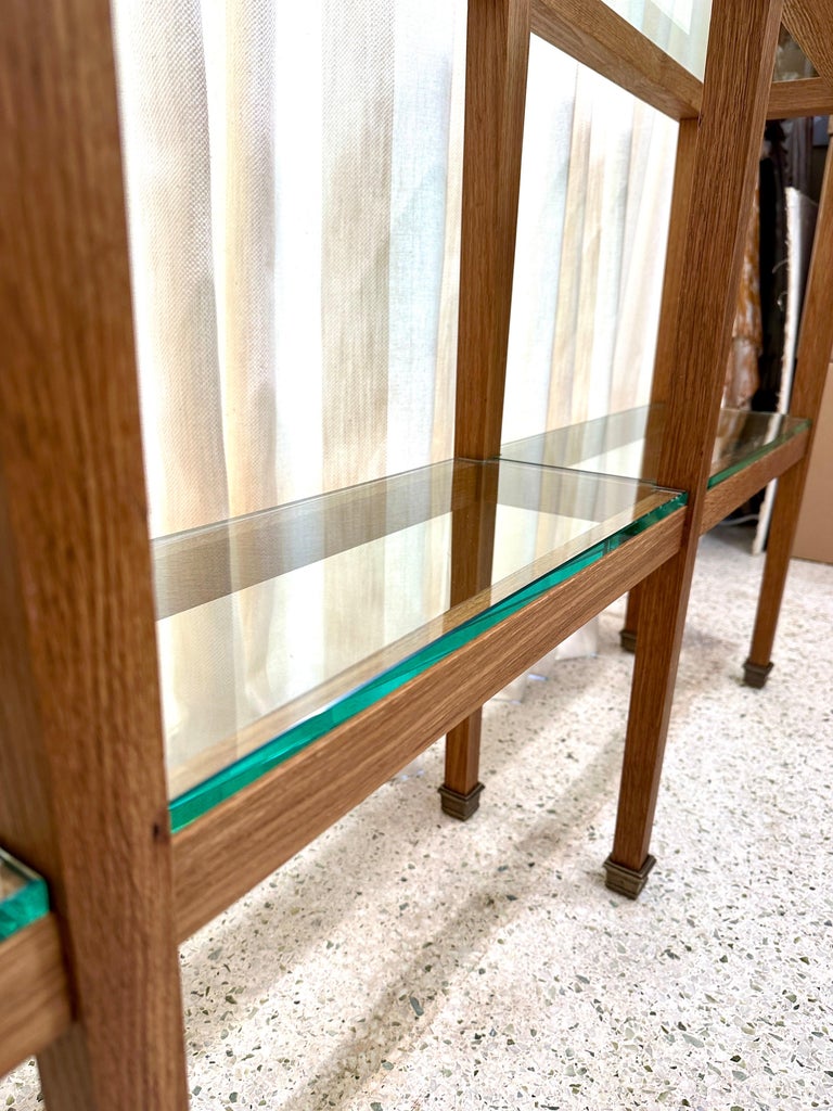 Sleek JMF Style Three-Section Oak Console w/ Brass Sabots