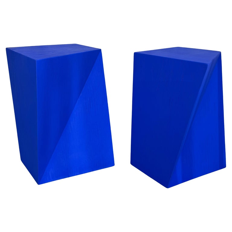 Geometric Design Yves K. Blue Wood Side Tables, PAIR