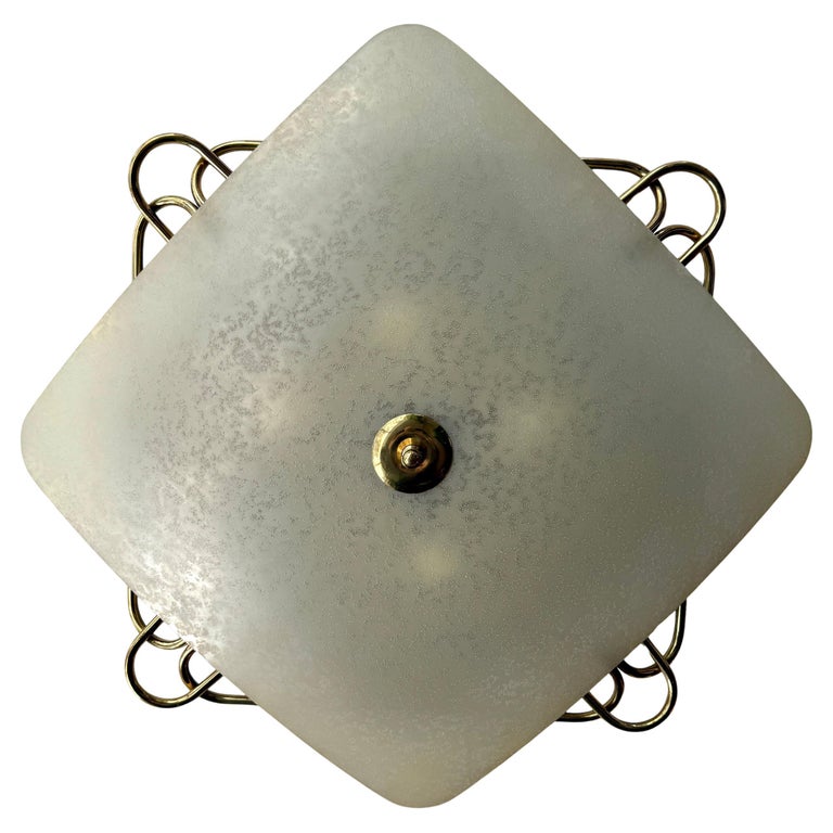 Italian Vintage Opaque Glass & Brass Plafonnier/ Flush Mount Light Fixture