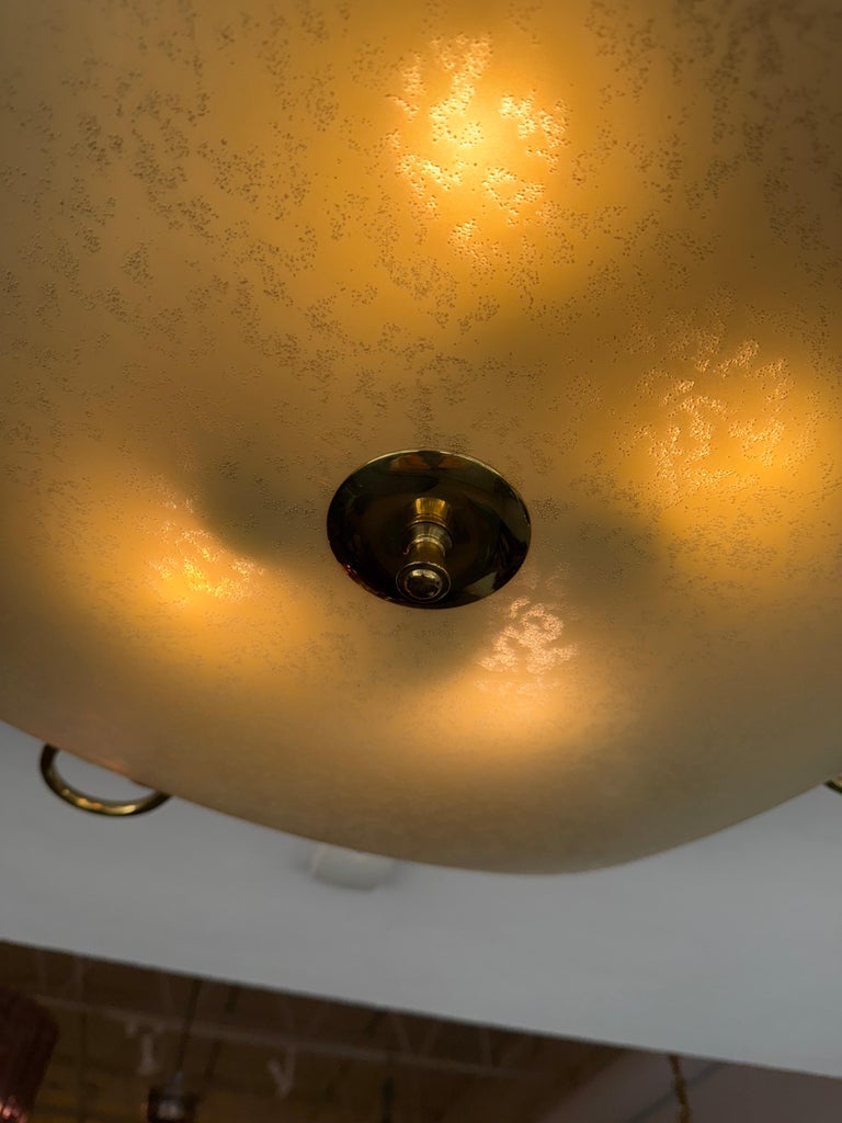 Italian Vintage Opaque Glass & Brass Plafonnier/ Flush Mount Light Fixture