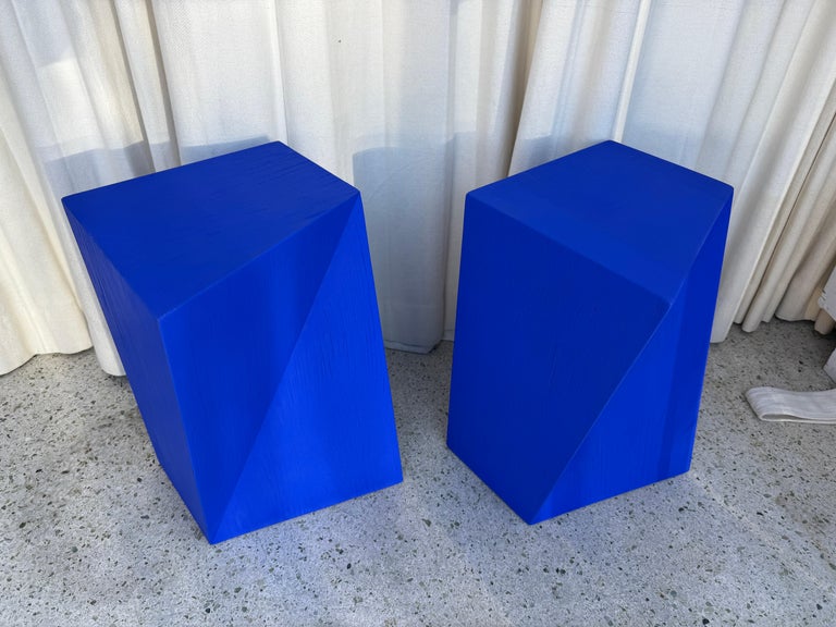 Geometric Design Yves K. Blue Wood Side Tables, PAIR