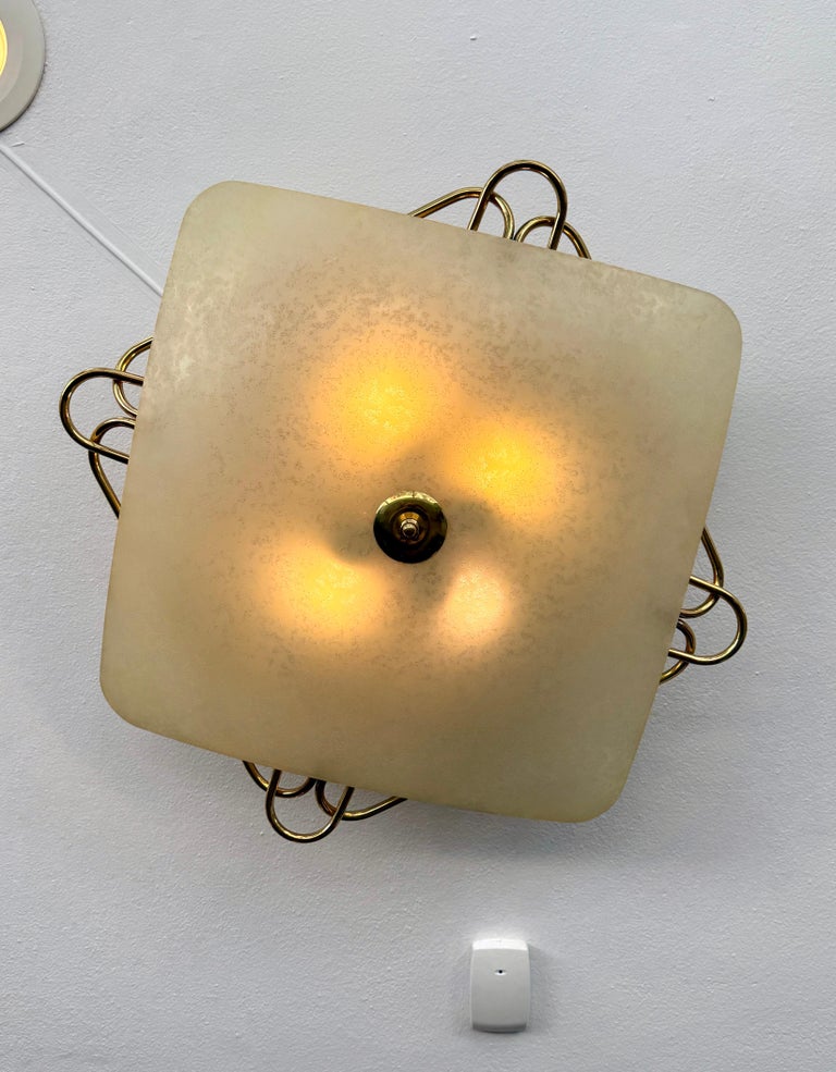 Italian Vintage Opaque Glass & Brass Plafonnier/ Flush Mount Light Fixture