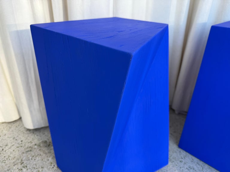 Geometric Design Yves K. Blue Wood Side Tables, PAIR