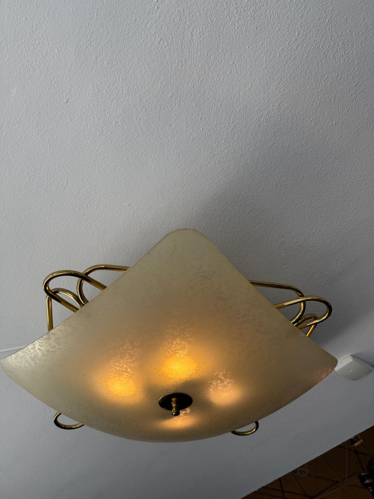 Italian Vintage Opaque Glass & Brass Plafonnier/ Flush Mount Light Fixture