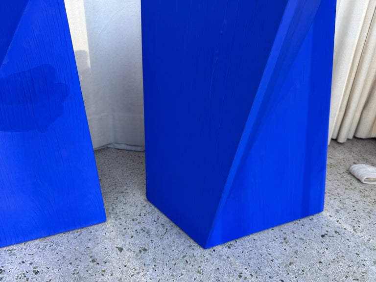 Geometric Design Yves K. Blue Wood Side Tables, PAIR