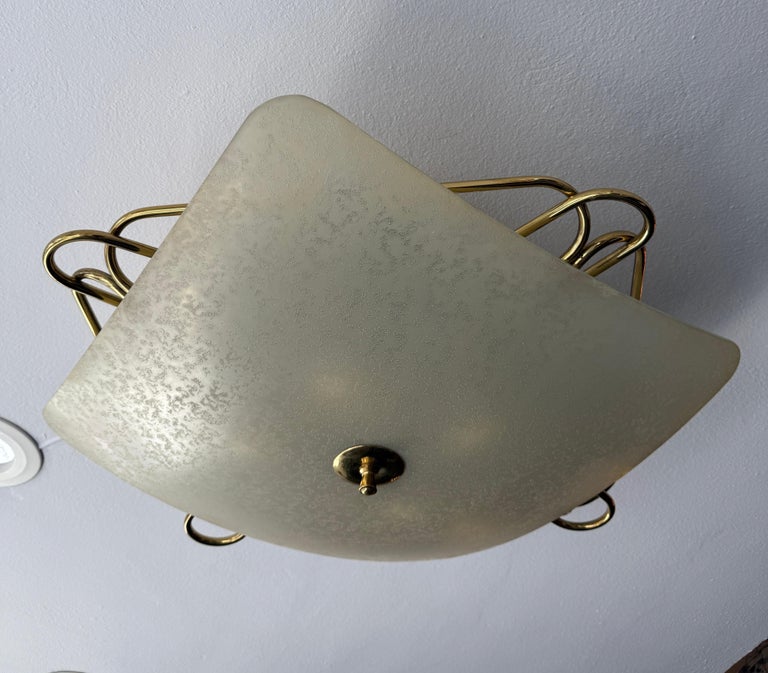 Italian Vintage Opaque Glass & Brass Plafonnier/ Flush Mount Light Fixture