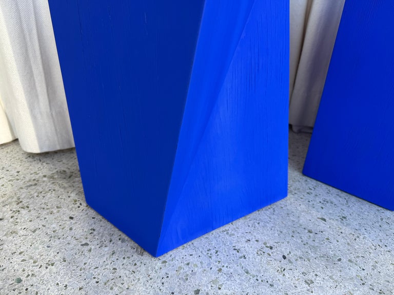 Geometric Design Yves K. Blue Wood Side Tables, PAIR