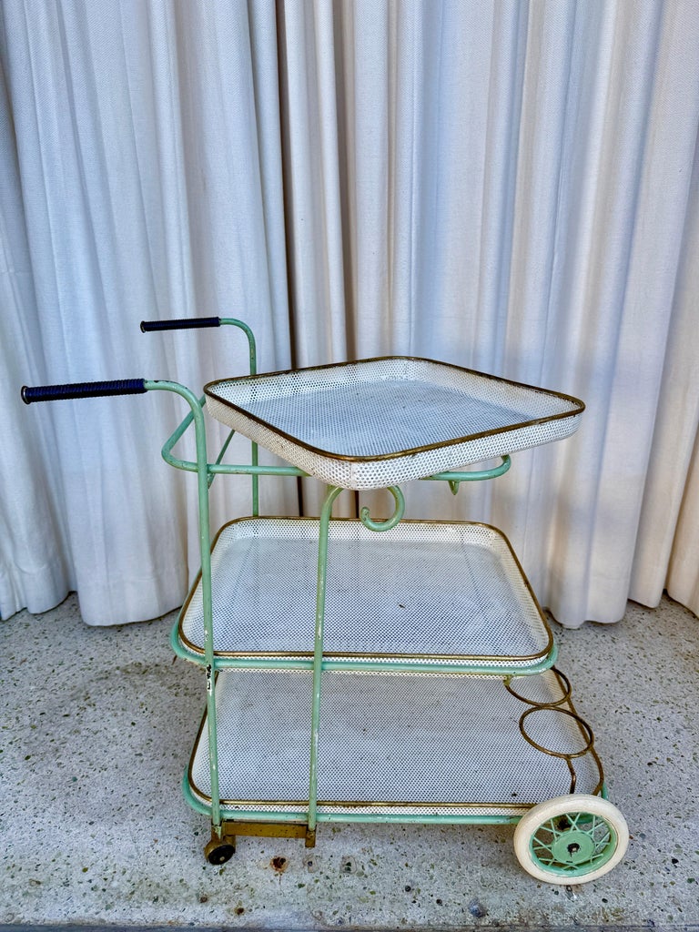 Vintage French Perforated Mesh Three-Tier Bar Cart, Mategot Style