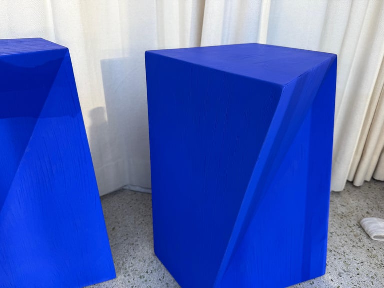 Geometric Design Yves K. Blue Wood Side Tables, PAIR