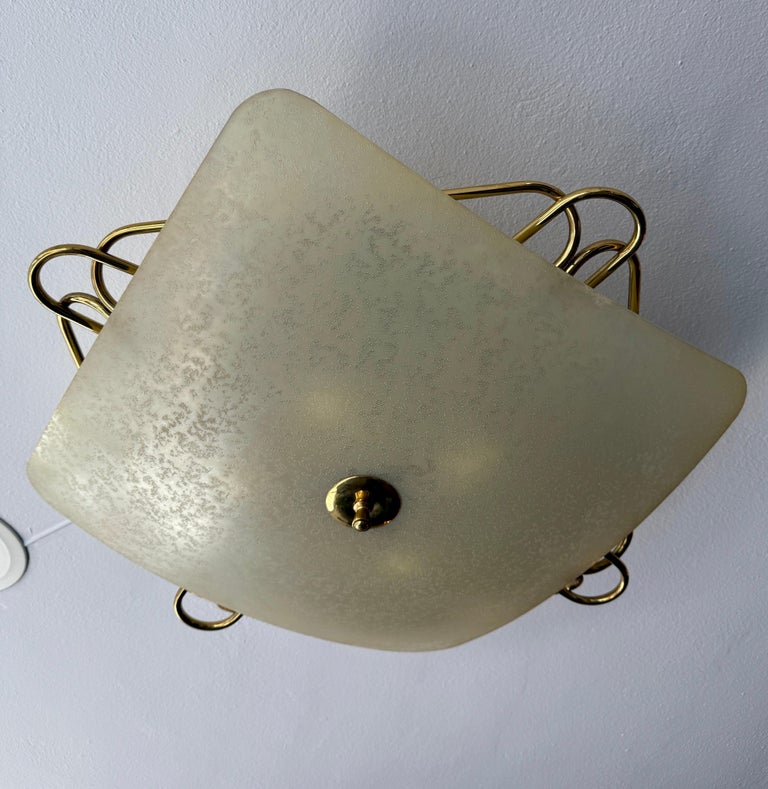 Italian Vintage Opaque Glass & Brass Plafonnier/ Flush Mount Light Fixture