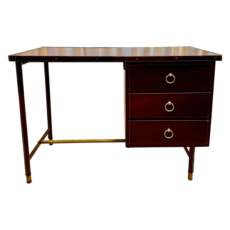 1950's Dark Brown Stitched Leather Desk by Jacques Adnet