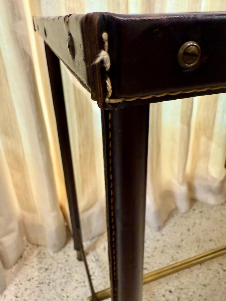 1950's Dark Brown Stitched Leather Desk by Jacques Adnet