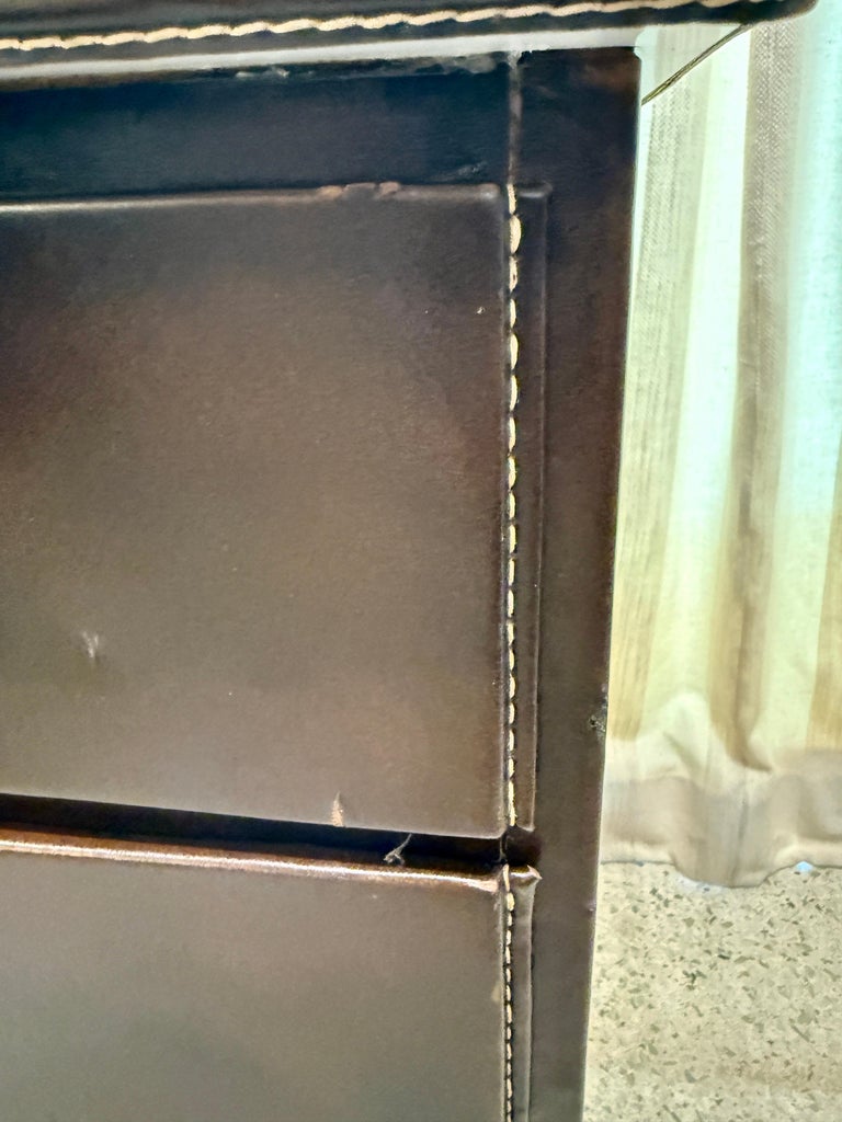 1950's Dark Brown Stitched Leather Desk by Jacques Adnet