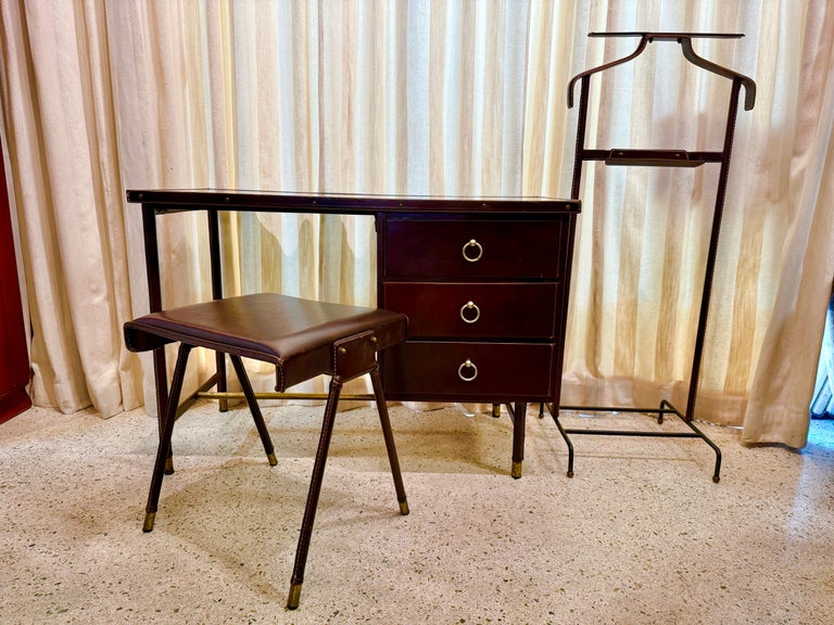1950's Dark Brown Stitched Leather Desk by Jacques Adnet