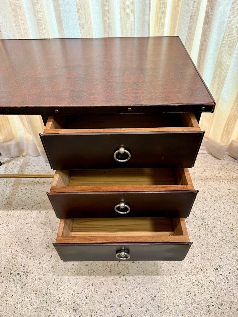 1950's Dark Brown Stitched Leather Desk by Jacques Adnet