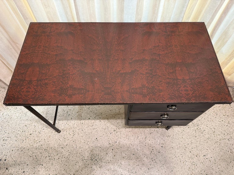 1950's Dark Brown Stitched Leather Desk by Jacques Adnet